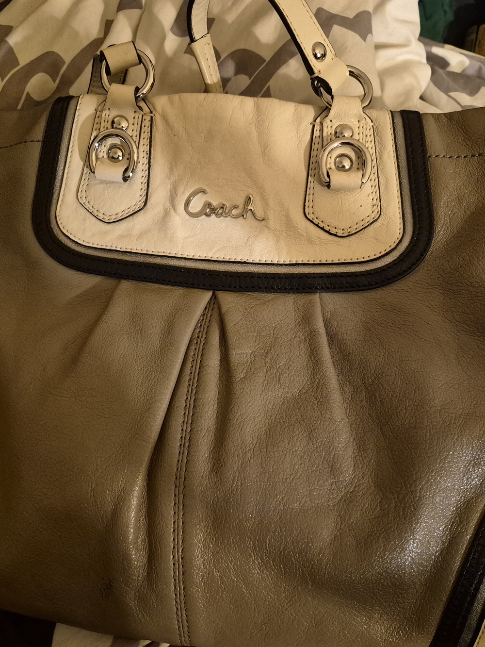 Coach Two-Tone Leather Tote Bag in Taupe and Cream